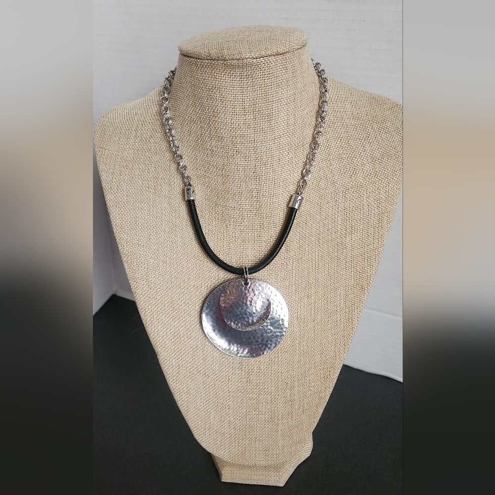 Chico's Silver Necklace with Large Abstract Pendant and black leather nwt